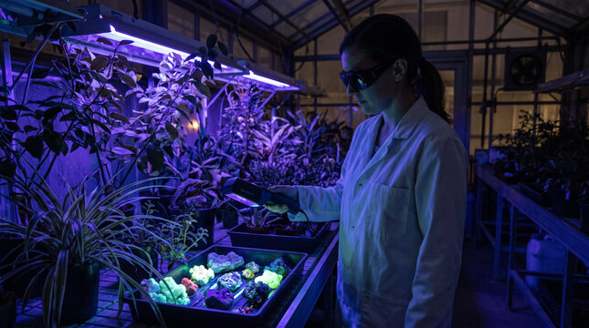 Scientist examining glowing minerals with ultraviolet light in modern greenhouse laboratory. Concept of mineralogy, research, female scientist, uv light, fluorescence, science.