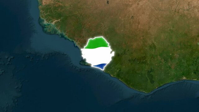 Sierra Leone map with national flag overlay, satellite view of West African country borders, zoom in animation sequence for geography, politics, and international relations concepts
