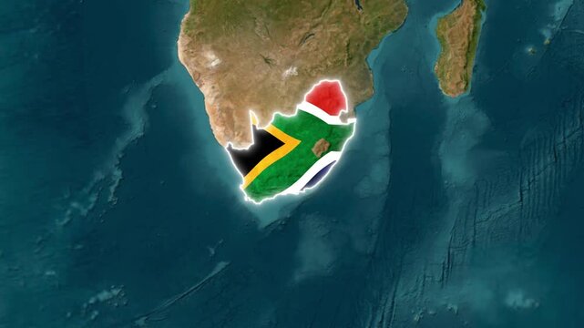 South Africa map with national flag texture overlay, satellite view of the African continent, glowing border effect, high quality 3D motion graphic for news broadcast background