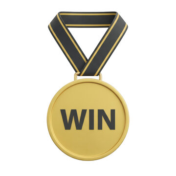 Gold win medal with dark ribbon on white background