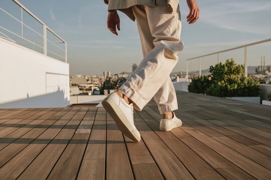 Man's feet in white leather sneakers walking on a warm teak deck of an urban rooftop with city skyline in the background during golden hour