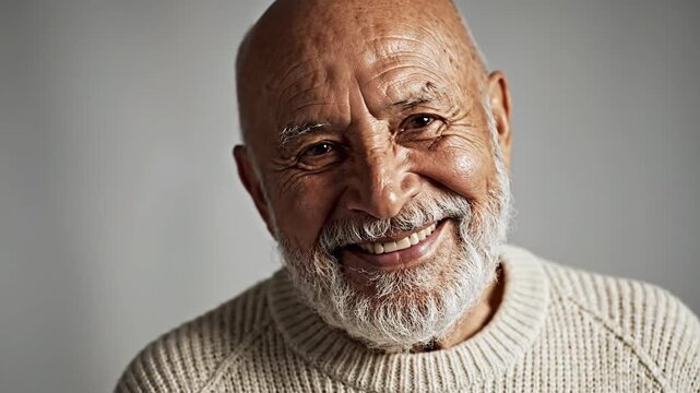Smiling senior man portrait with beard and warm knit sweater