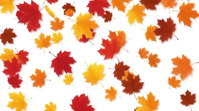 Colorful autumn maple leaves scattered on a white background.