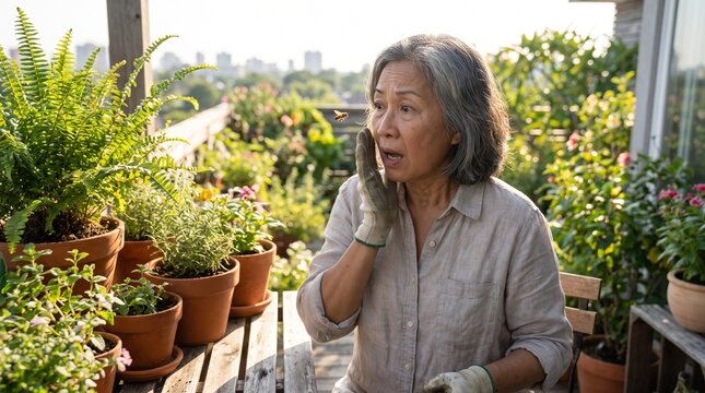 Senior Southeast Asian woman startled by bee while gardening on sunny balcony