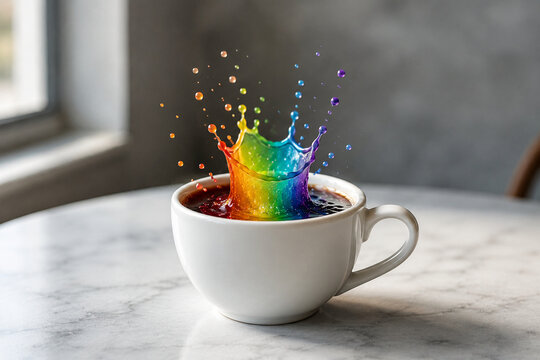 Rainbow color splash erupting from a white coffee cup on a marble table with rainbow color