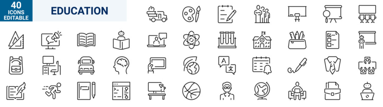 Education set of web icons in line style. Learning icons for web and mobile app. E-learning, video tutorial, knowledge, study, school, university, webinar, online education. Vector illustration