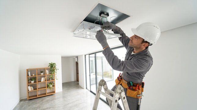 Professional electrician wearing a white safety helmet standing on a ladder while carefully installing a modern led light panel into a white residential ceiling grid