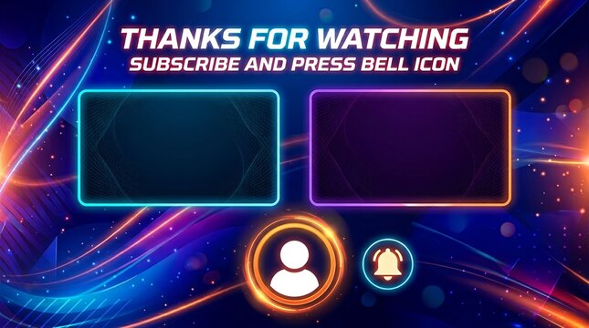YouTube end screen template featuring vibrant neon abstract glowing curves with placeholders for video content and channel subscription buttons