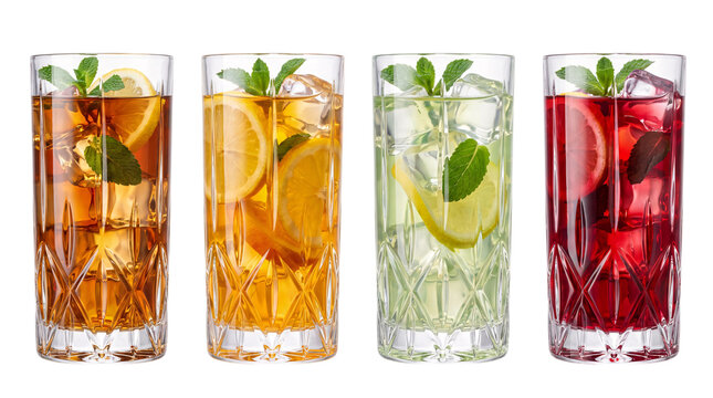 Four tall glasses of iced drinks with fruit and png on isolated transparent background