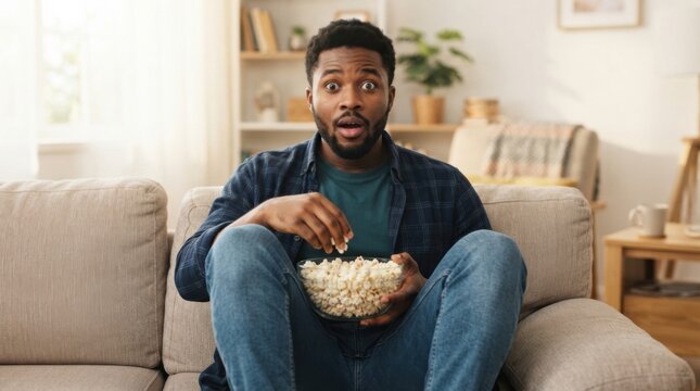 Surprised Man Eating Popcorn While Watching Movie at Home