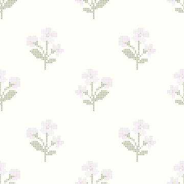 Ditsy Cross Stitch Floral Seamless Pattern with Tiny Pastel Flowers, Vintage Textile Print