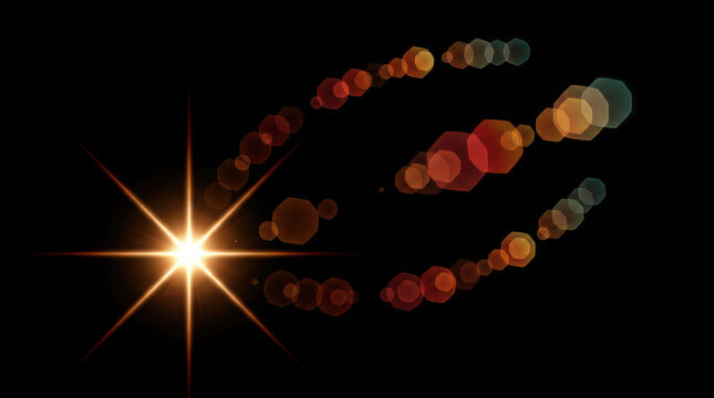 Bright orange starburst and glowing bokeh light flares on a dark generated using ai background