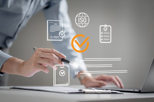 Certification and standardization process, iso certified business, conformity to international standards and quality assurance concept. Person touching certificate icon...
