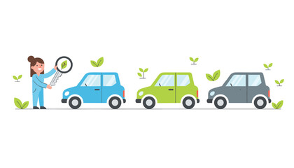 Fototapeta premium Professional female inspector checking eco friendly electric cars with a leaf patterned key and magnifying glass concept.