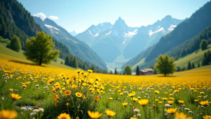 Fototapeta premium Golden Meadow Sunrise Landscape with Alps
