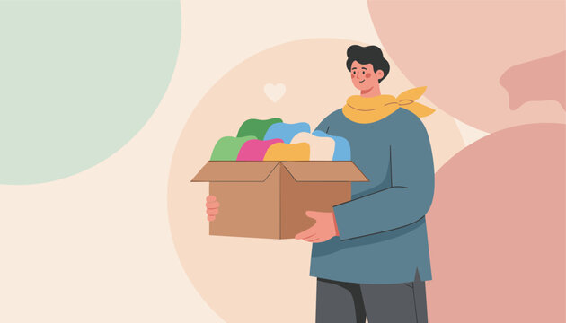 Friendly volunteer holding cardboard donation box full of colorful warm clothes for charity vector illustration.