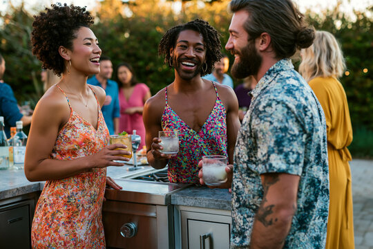 Diverse Friends Laughing and Enjoying Cocktails at Outdoor Party