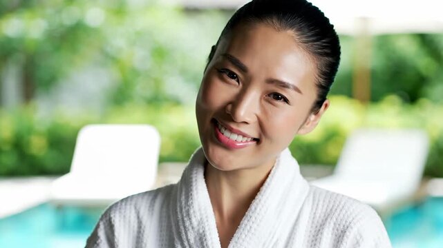 Smiling woman in white robe at poolside relaxation and wellness