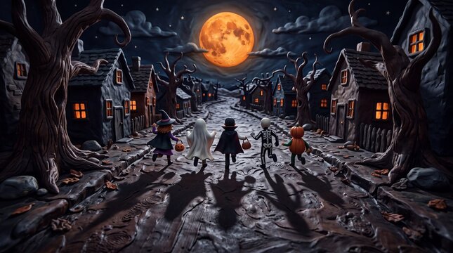 Children in Halloween Costumes Trick or Treating on Spooky Night