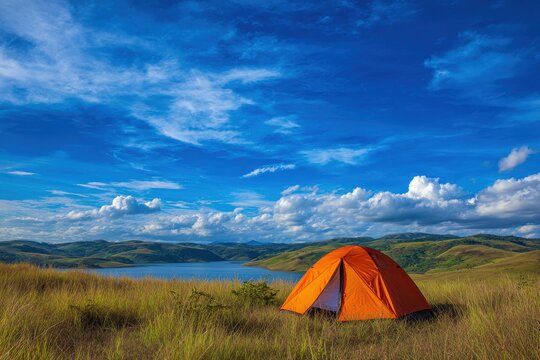 Orange tent pitched on a grassy hill overlooking a scenic lake under a vivid blue sky with landscape wilderness adventure vacation solitude exploration recreation basecamp equipment