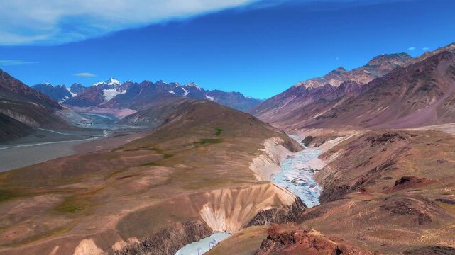 Aerial Drone View of the Chandra River Flowing Through the Rugged Himalayan Mountains of Spiti Valley, Himachal Pradesh with Rocky Valleys and Dramatic Mountain Landscape