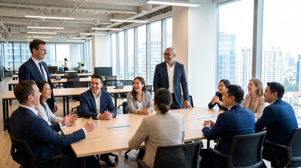 Fototapeta premium Diverse business team laughing and collaborating in a modern office conference room