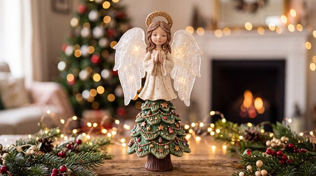 Illuminated Christmas Angel Tree Figurine on Festive Table