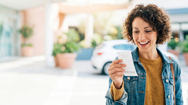 Smiling young woman holding parking ticket receipt in a modern setting  