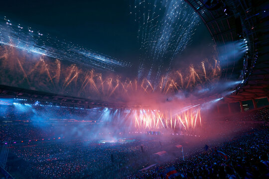 Spectacular Fireworks Show at Crowded Stadium Concert