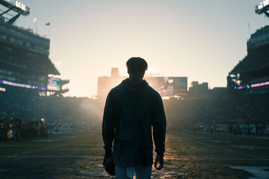 Football Player Standing on Field Looking at Packed Stadium
