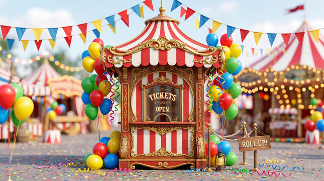 Ornate circus entrance ticket booth with colorful decorations and balloons  