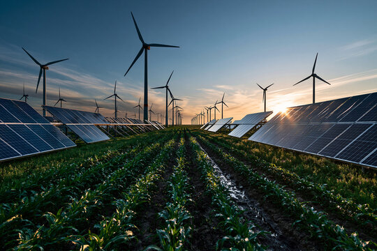 Solar Panels and Wind Turbines on Farm at Sunrise