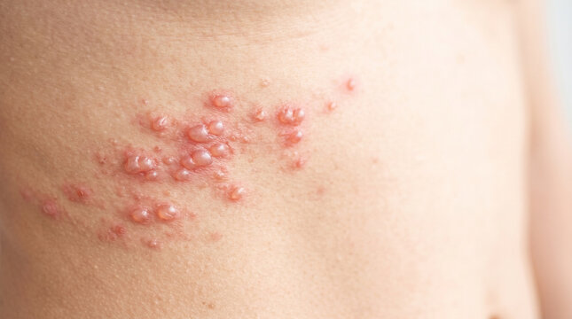 Herpes zoster shingles rash on torso showing red blisters  
