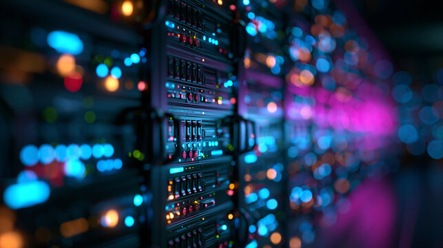 Server Rack with Glowing Lights in Modern Data Center