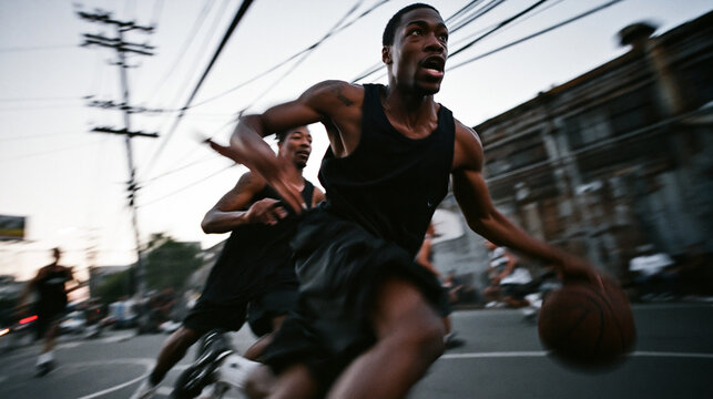 Young Men Playing Street Basketball on Outdoor Court