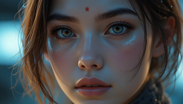 Portrait of a young woman with bindi and ethereal blue lighting in a close up shot.