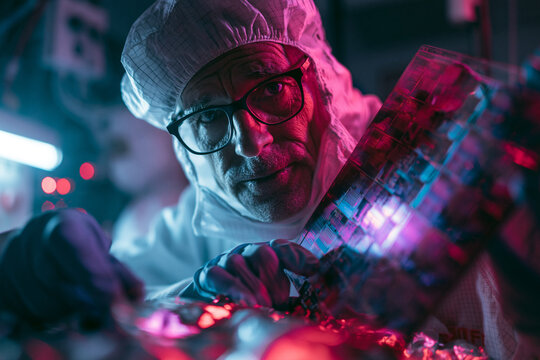 Engineer Inspecting Microchip Circuit in High-Tech Cleanroom Laboratory