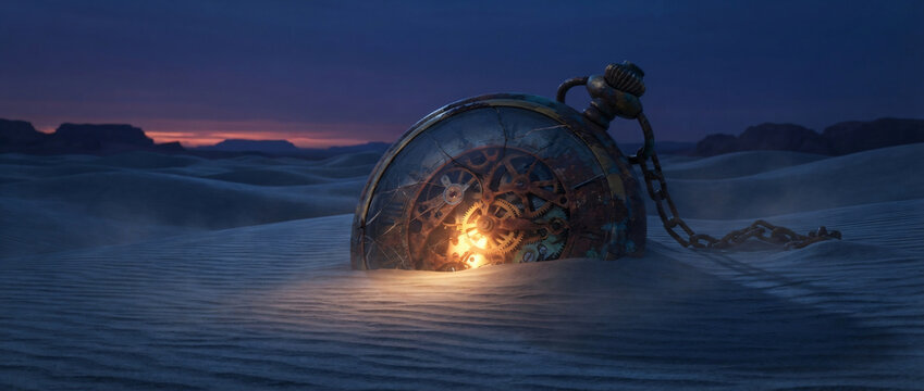 Giant pocket watch glowing in desert
