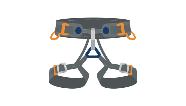 Professional rock climbing harness featuring secure grey straps and orange buckles isolated on clean white background.