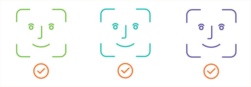 Set of three face recognition icons with check marks, biometric identification concept, digital security vector illustration
