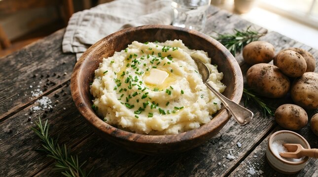 Creamy mashed potatoes in a wooden bowl with a pat of melting butter and fresh chives, served with raw potatoes and rosemary on a rustic table