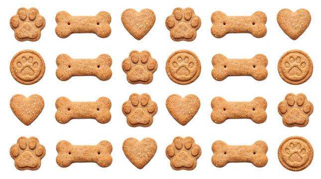 Pattern of dog biscuits in paw, bone, heart, png on isolated transparent background