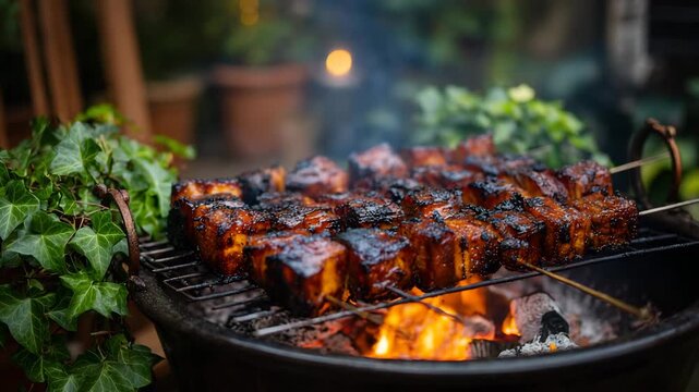 Garden patio BBQ with thick veggie skewers caramelizing over ember bed, muted ivy trellis background, crisp savory focus, gentle golden dusk