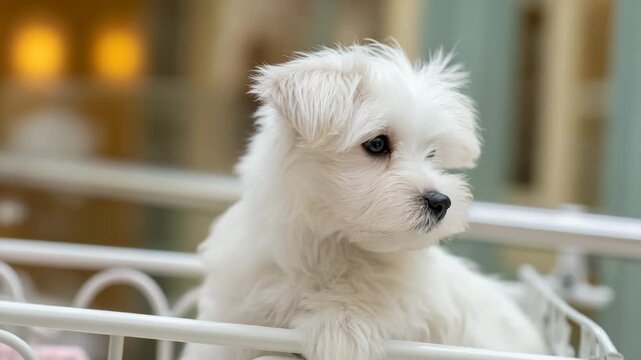 Gentle pup in cart, pristine mall railings blurred, soft luminous backdrop, delicate white coat, crisp elegant cleanliness