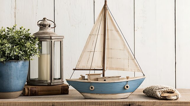 A vintage model sailboat sits on a rustic wooden table with a lantern and greenery. Ideal for coastal home decor and nautical lifestyle themes.