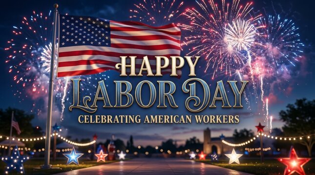 Happy Labor Day Celebration Background with American Flag and Fireworks