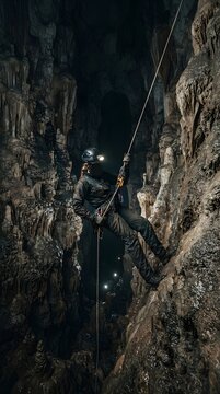 Caving explorer rappelling down a deep vertical cave shaft using climbing gear and headlamp with cave exploration extreme sport rock formation spelunking abseiling