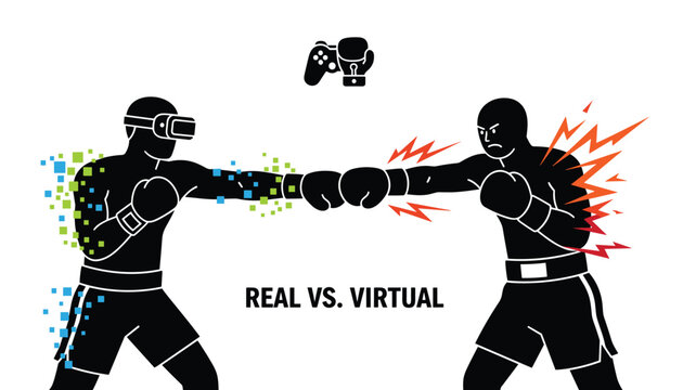 Virtual reality vs real physical boxing contest illustration depicting modern technological sports gaming concept.