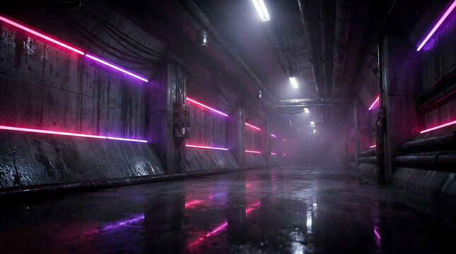 Futuristic dark industrial corridor with wet concrete floor and glowing pink neon lights in a misty, atmospheric underground tunnel setting