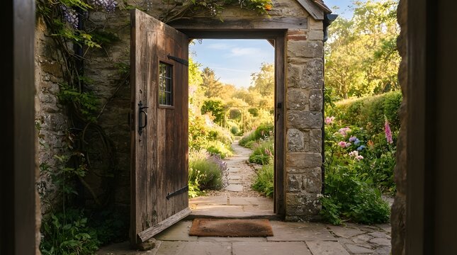 Open wooden double doors of a stone cottage revealing a lush green garden path in the countryside with rustic entrance stone archway summer landscape countryside